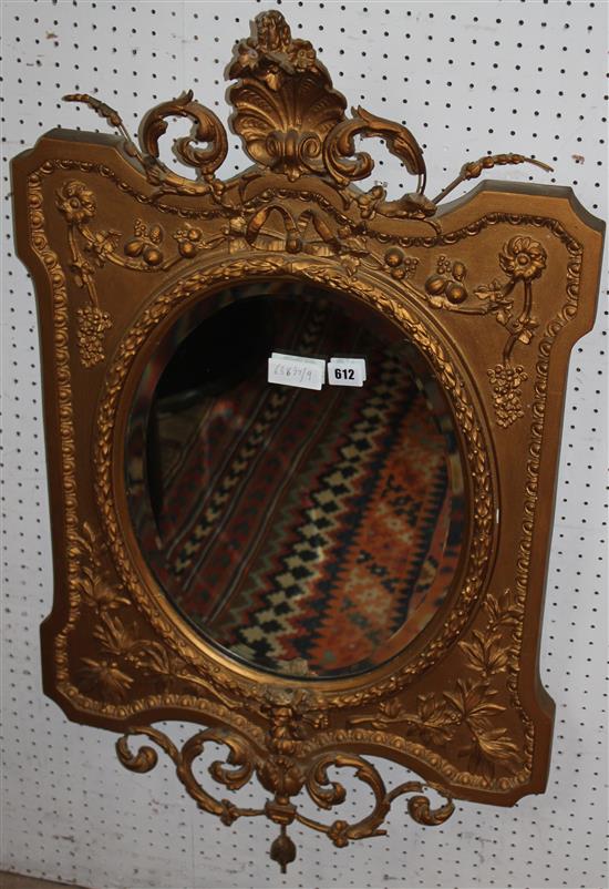 French shaped carved giltwood wall mirror, with floral sprays, acanthus and shell surmount & bevelled oval plate(-)